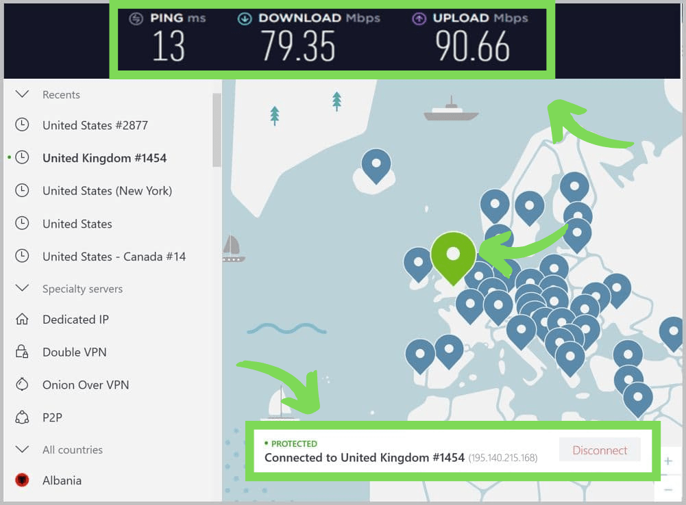 NordVPN connected to a UK server