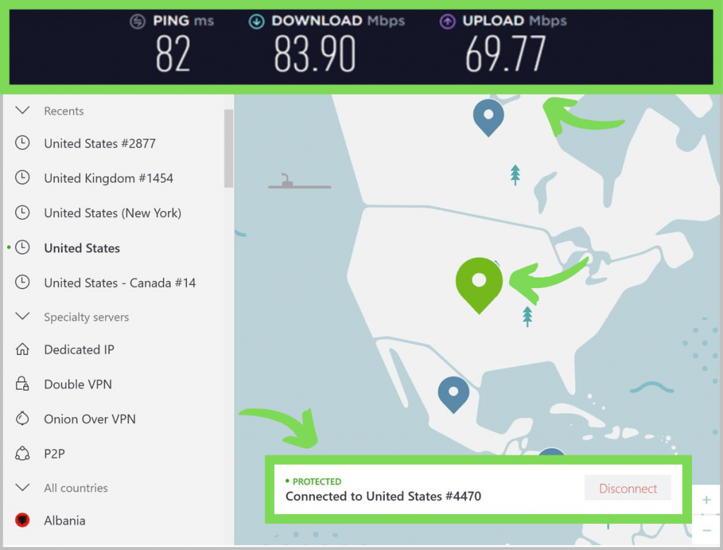 NordVPN connected to a US server. Showing ping, download, and upload speeds.