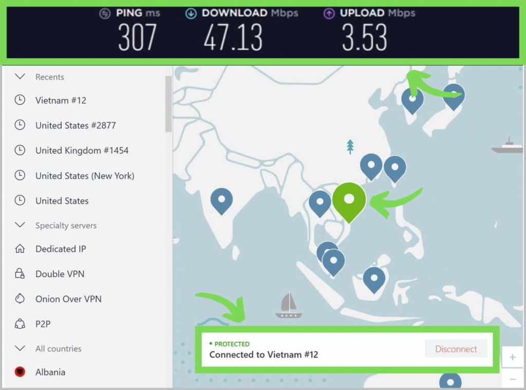 NordVPN connected to a server in Vietnam. Showing ping, download, and upload speeds.