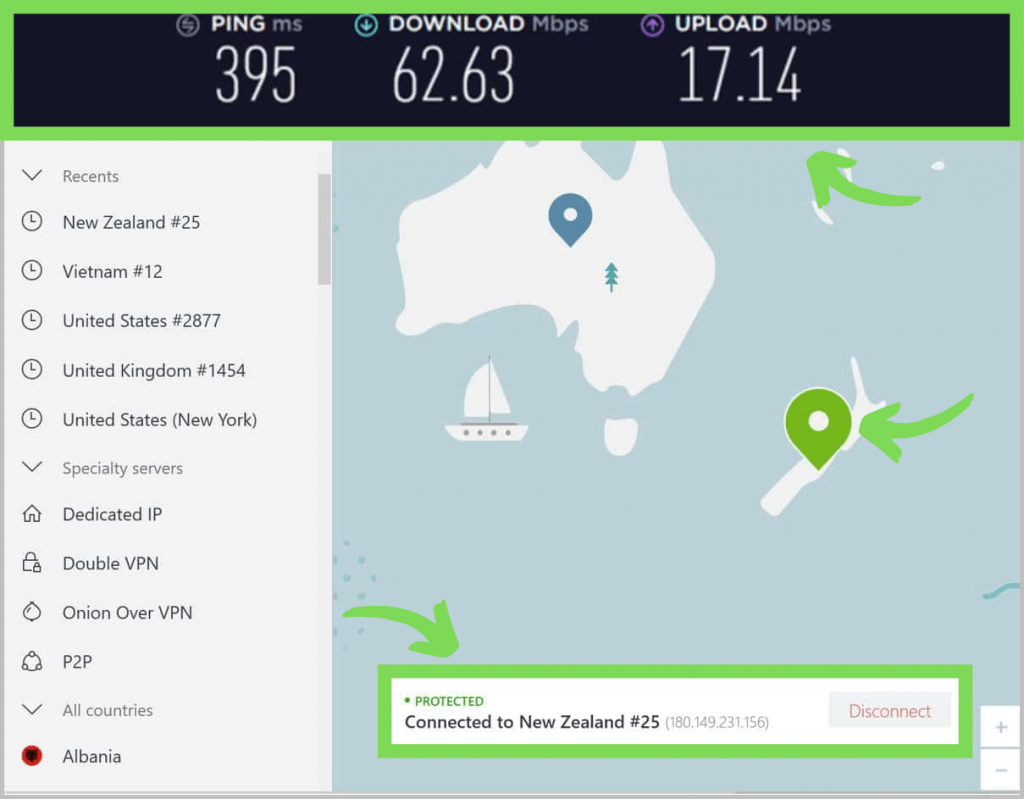 NordVPN connected to a server in New Zealand. Showing ping, download, and upload speeds.