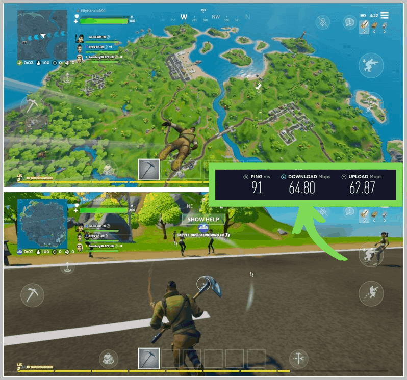 Playing Fortnite while connected to VPN. Image shows ping, download, and upload speeds. 