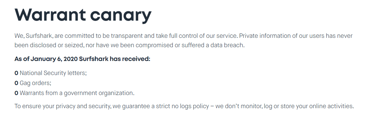 surfshark warrant canary Jan 2020