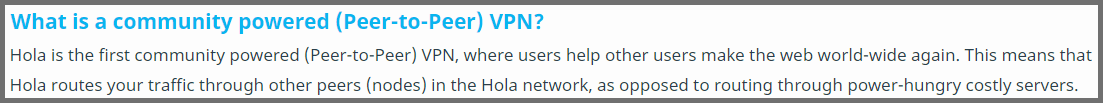 Screenshot of Hola\'s Peer-to-peer VPN explanation