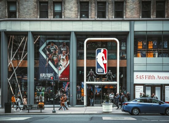 a building with a large sign on the front