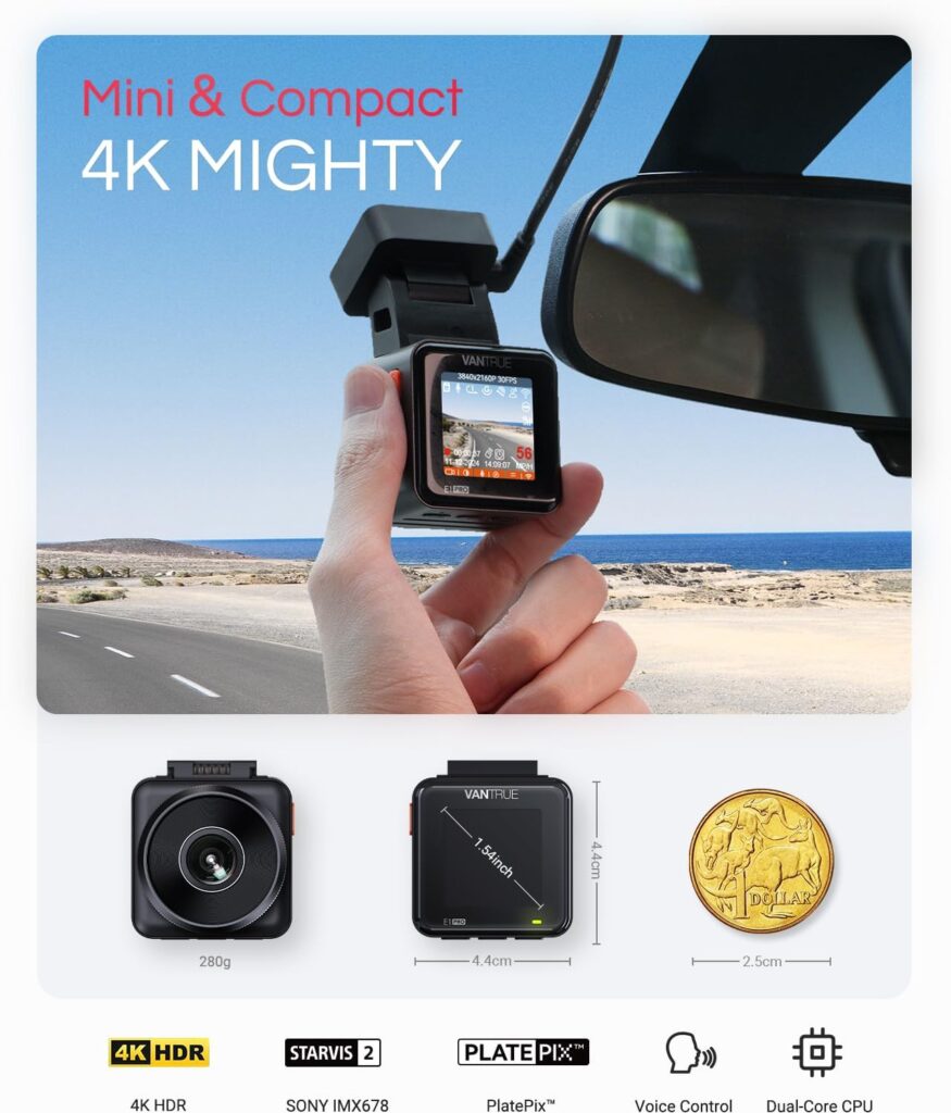 Vantrue E1 Pro Mini Dash Cam mounted on a windshield